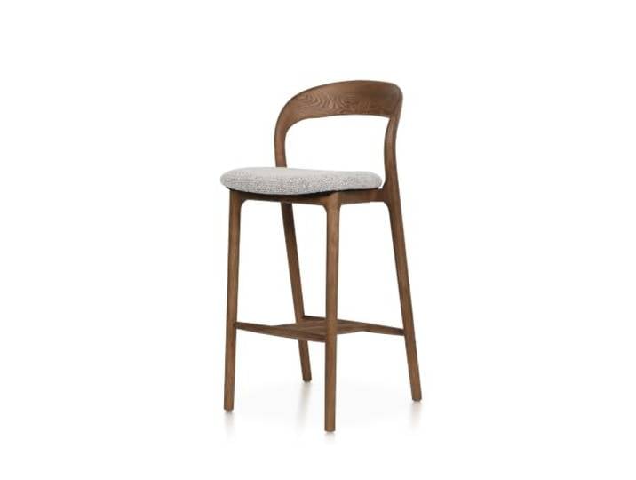 Kosmi Barhocker aus Eschenholz, Sitzfläche 68 cm, gepolstert, aus meliertem Gebogene Rückenlehne, Fußstütze - Hoher Hocker für Mittelinsel Küche und Theke - Modernes Design