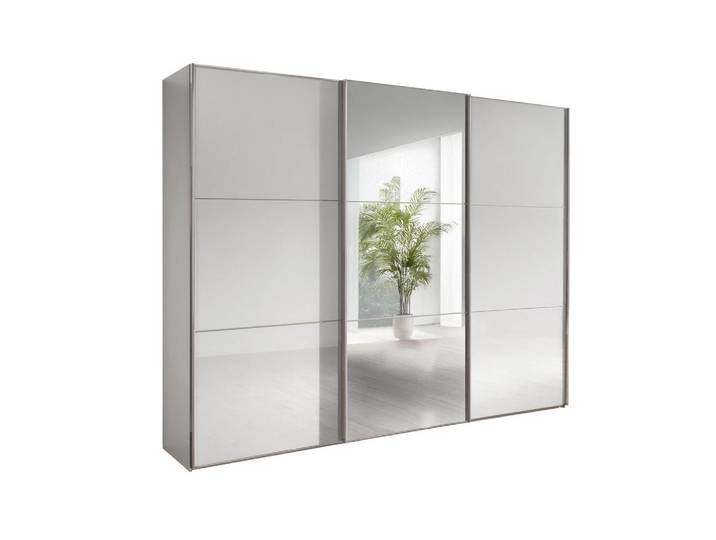 Chameo Schwebetürenschrank, Weiß, Glas, 9 Fächer, 250x217x67 cm, Schrankfront mit Spiegel, Schlafzimmer, Kleiderschränke, Kleiderschränke mit Spiegel