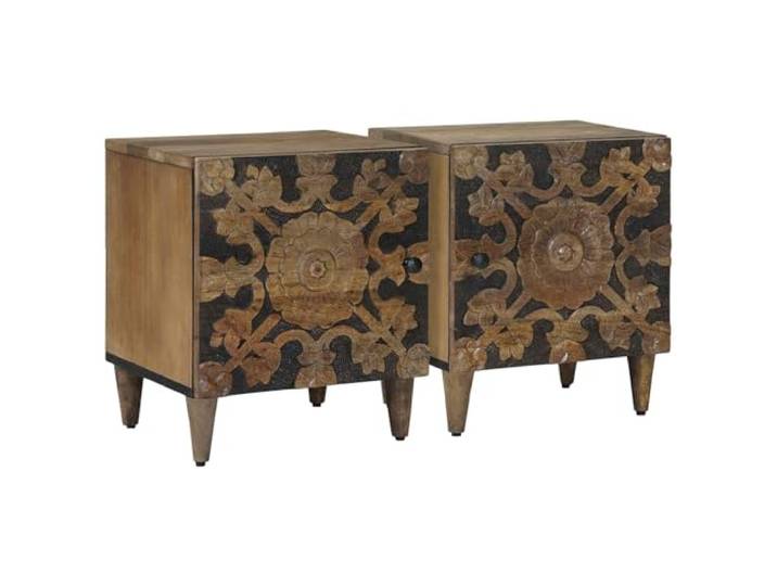 LKJephalotrop Nachttisch 2er Set Braun 40x33.5x46 cm Massivholz Mango Kompakte Beistelltische aus Naturholz fuer das Schlafzimmer. Pflegeleichte Holzmoebel mit individueller Maserung.
