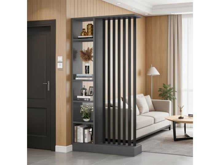 Raumteiler mit Regalen, Trennwand für den Eingangsbereich, Säule vom Boden bis zur Decke – freistehender Raumteiler mit Ablagefach, freistehende Dekoration für Schlafzimmer (A Black + Gray, 100cm)