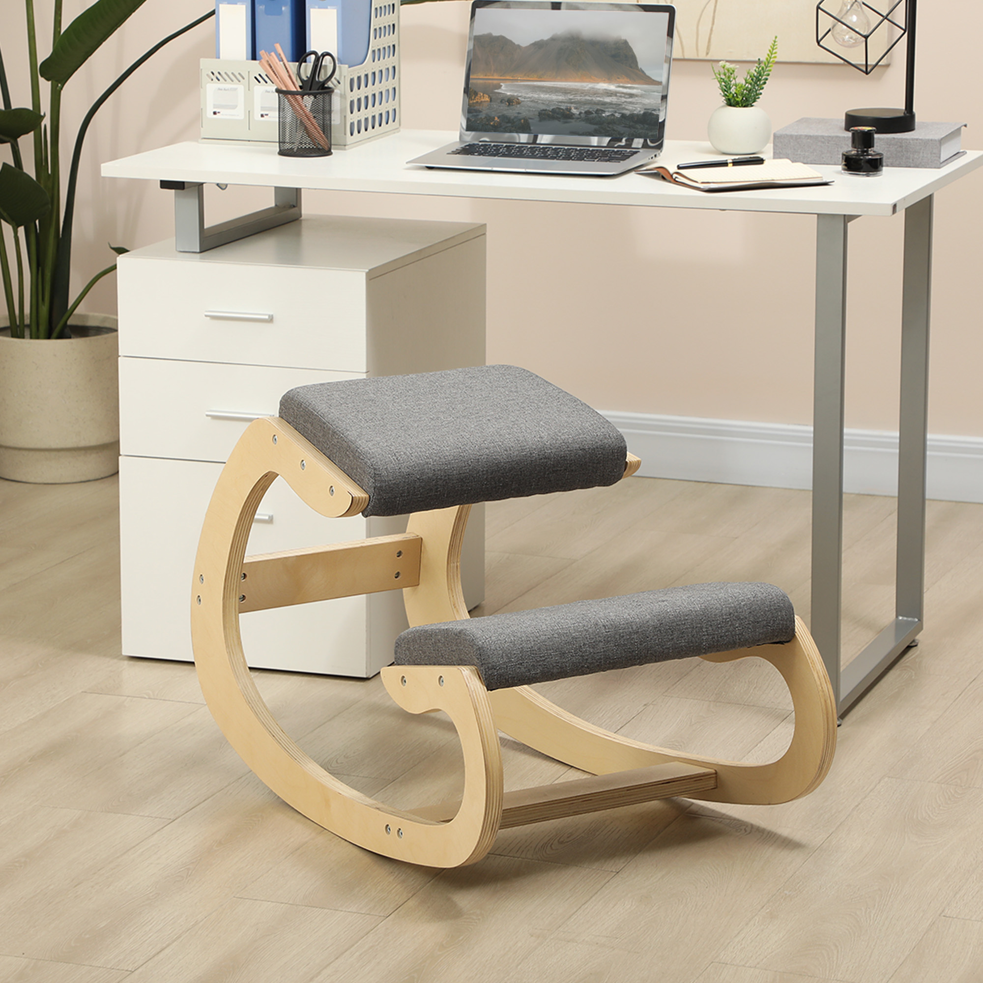 Homcom Sedia Ergonomica per Ginocchia in Legno con Cuscino Imbottito 55x85x55 cm Grigio   Aosom Italy