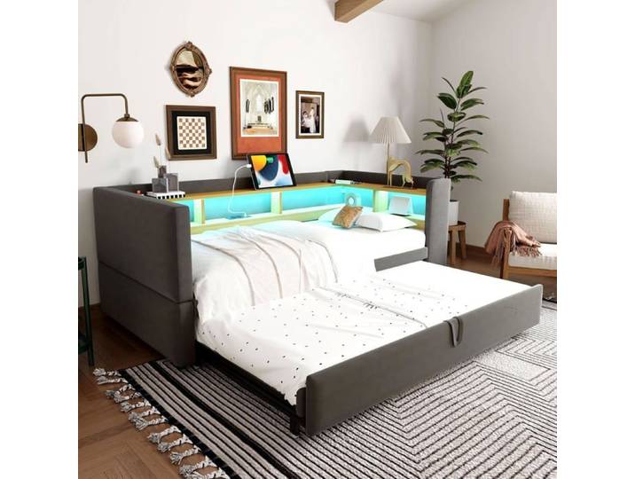 Canapé Lit Convertible 90/180x200cm avec Port USB et éclairage LED Canapé Lit 2 Places Convertible avec Compartiment de Rangement