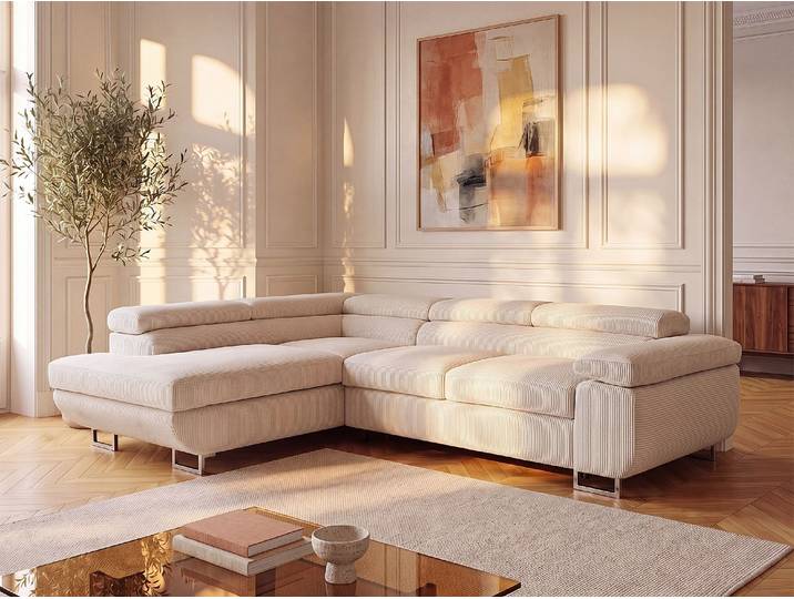 Ecksofa mit Schlaffunktion - Ecke links - Cord - Beige - NURAZIO
