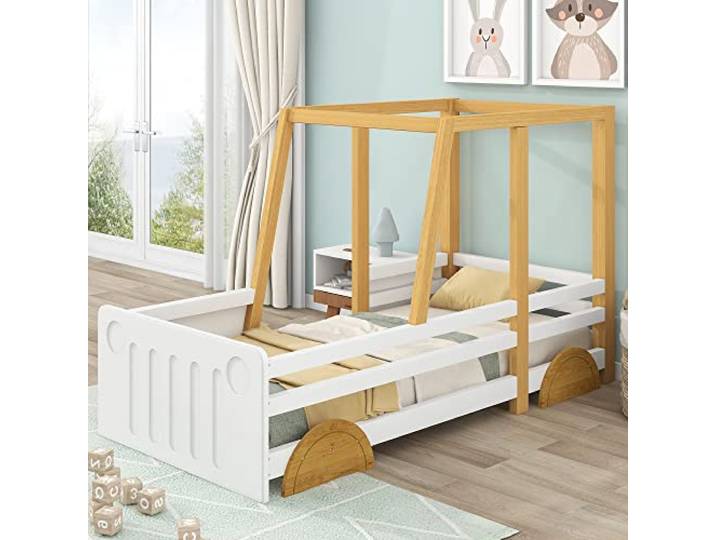 Ball & Cast Kinderbett (90x200cm) Tagesbett mit Rausfallschutz, Einzelbett mit Kieferrahmen für Jungen und Mädchen, Weiß + Natur