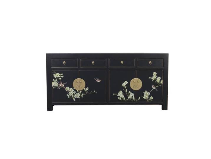 Fine Asianliving Chinois Buffet Commode Peinte à la Main Onyx Noir W180xD40 x H 85 cm