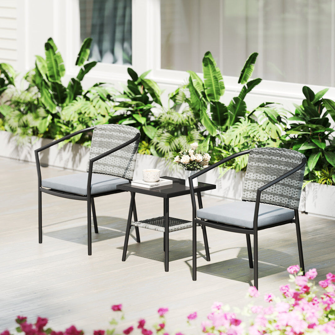 George Oliver Outsunny 3 Pieces Rattan Bistro Set with Cushions for 2, Grey Black 1