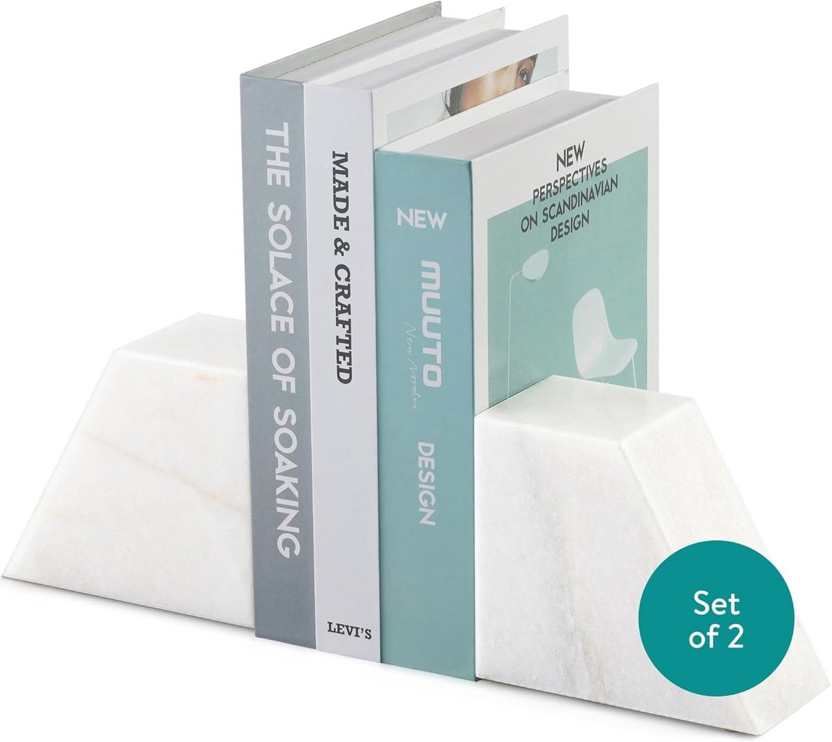 Set van 2 Marmeren Boekensteunen voor Boekenplank - Wit