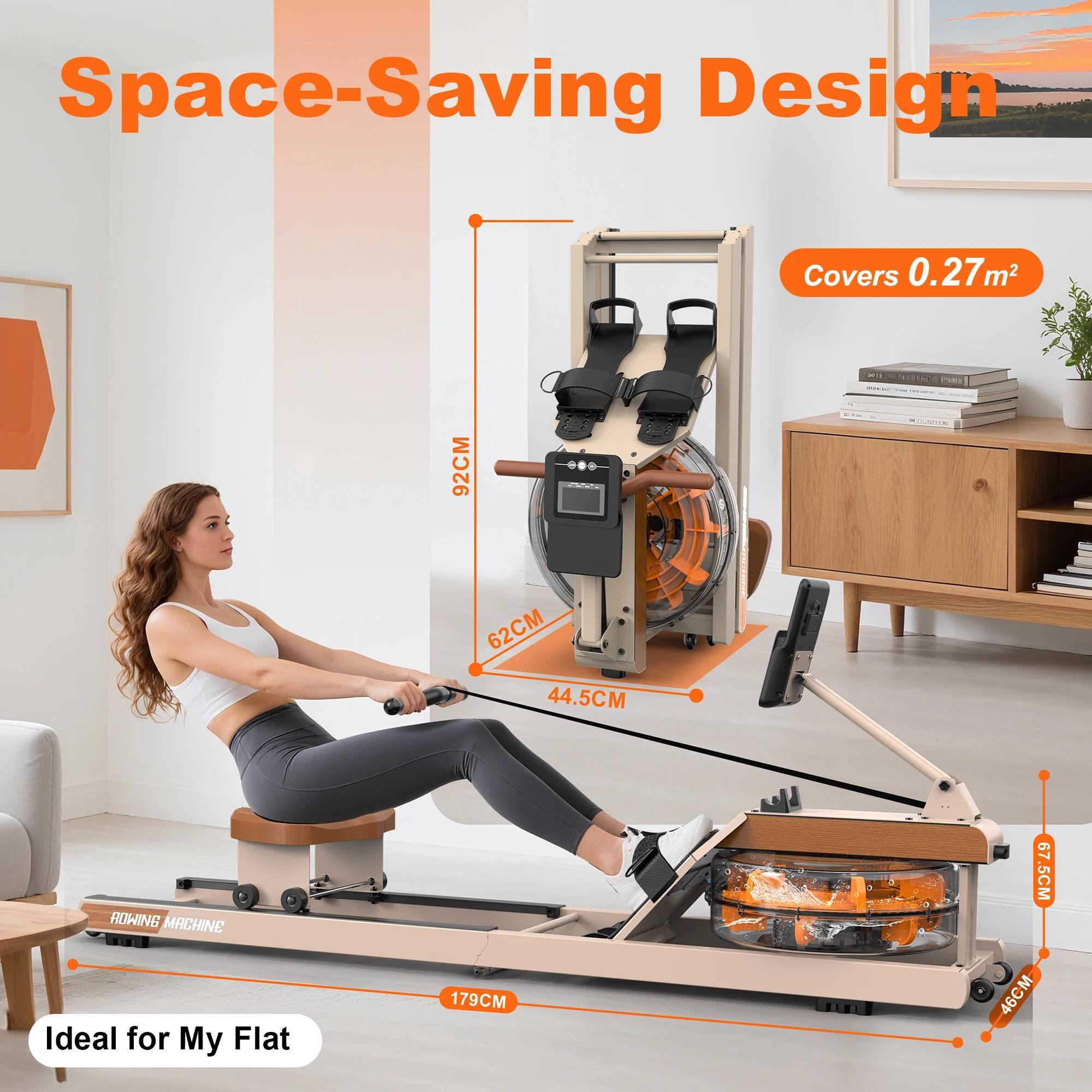 Wasser-Rudergerät - V-W2SC Rudergerät - 180° klappbar - Bluetooth-Monitor - Verstellbarer Widerstand - Belastbar bis 160 kg - Transportrollen fürs Heimtraining