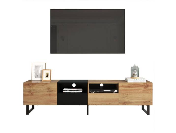 Okwish Tv‑Ständer 190/38/48 cm holzfarben aus MDF mit 2 Türen, 2 Schubladen und robuster Gestaltung, Naturfarben, Rechteckig,Rechteckig, 190x48x38 cm, Wohnzimmer, TV Möbel, Lowboards, Lowboards stehend