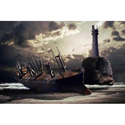 Papermoon "Gestrandetes Schiff mit Leuchtturm"