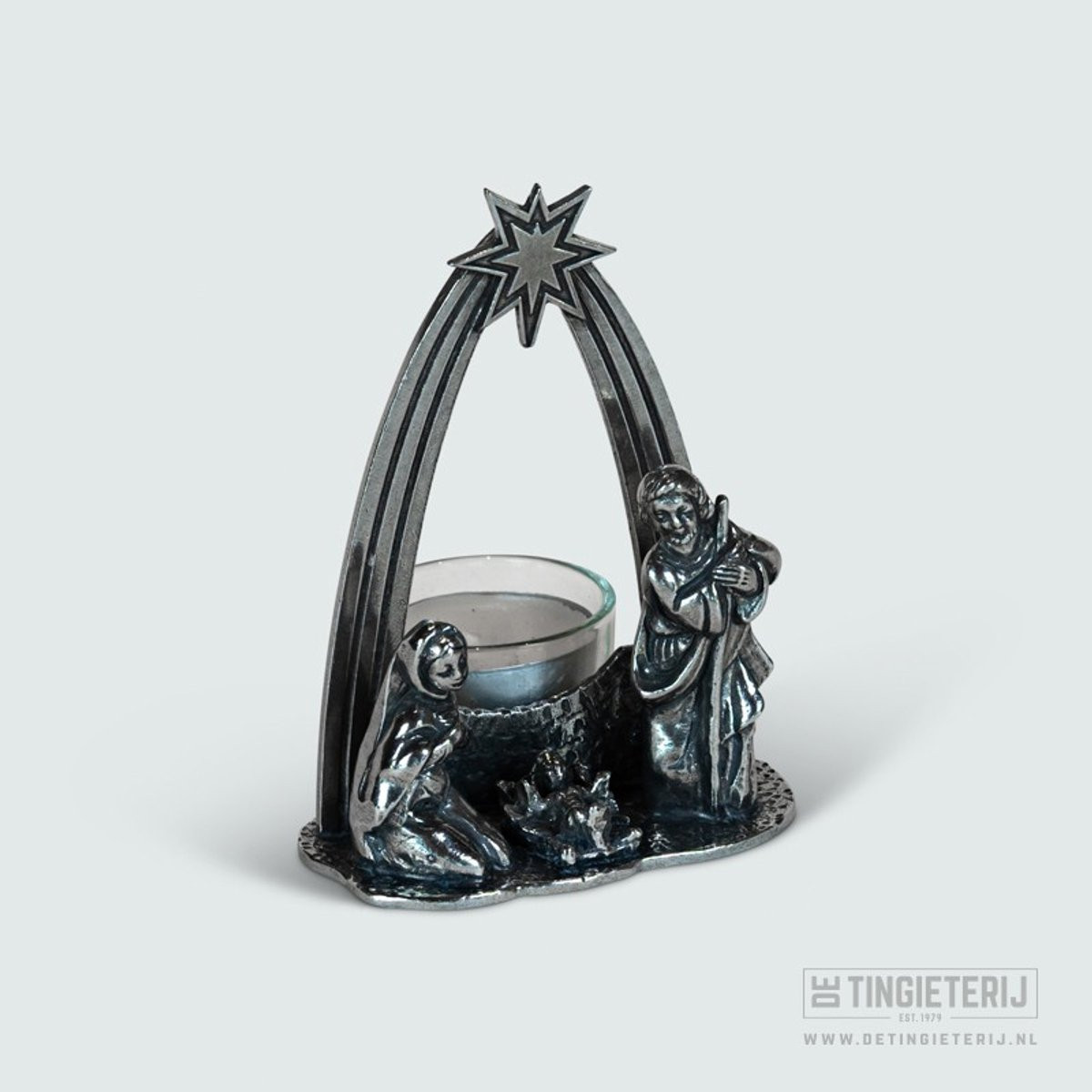 De Tingieterij Kerststal met waxinelichtje 12 cm - Handgemaakte kerstdecoratie en waxinelichthouder