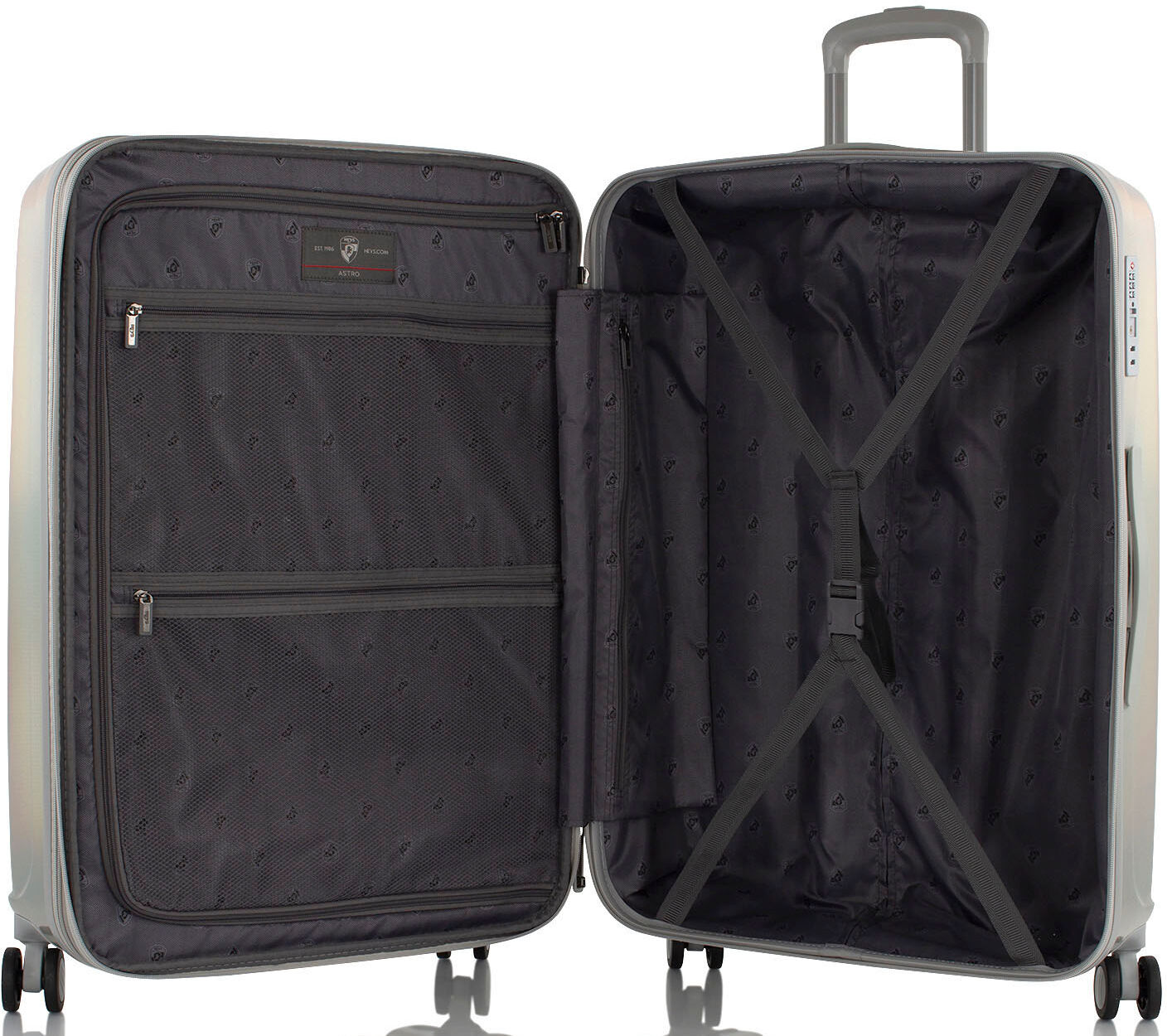 Hartschalen-Trolley HEYS "Astro, verschiedene Grössen und Farben", Damen, Gr. B/H/T: 51cm x 76cm x 30cm 104 l, silber, Polycarbonat-Verbundwerkstoff, festlich, Koffer Hartschalen-Trolley, Heys Reisegepäck TSA Schloss Volumenerweiterung silber B/H/T: 51cm 