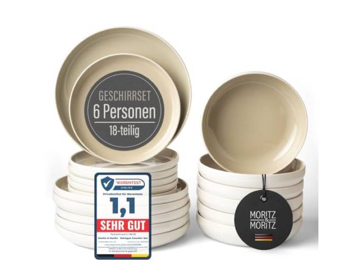 Moritz & Moritz Steingut Geschirr Set 6 Personen – 18-tlg. Teller Set mit Servierteller, Dessertteller & Suppenteller – Farbe Sand/Beige – Serie Cavo