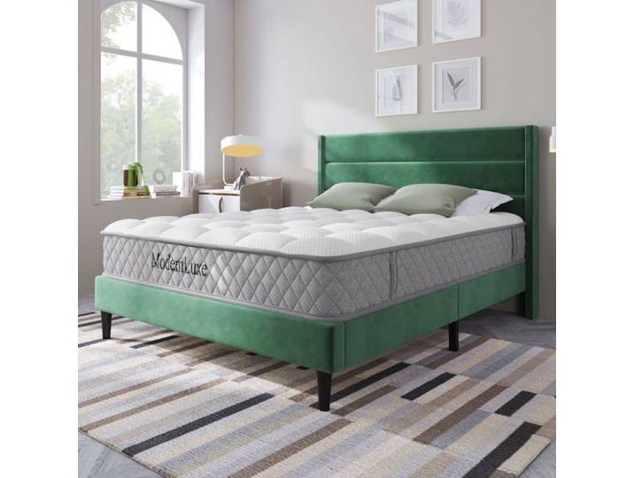 Lit double 140x200 cm - AUTREMENT - Velours vert foncé - Sommier à lattes - Design moderne - 2 places
