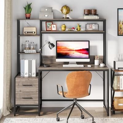 Jiallo "55"" Grey Computer Desk with Hutch, 2 Drawers & Open Shelves"