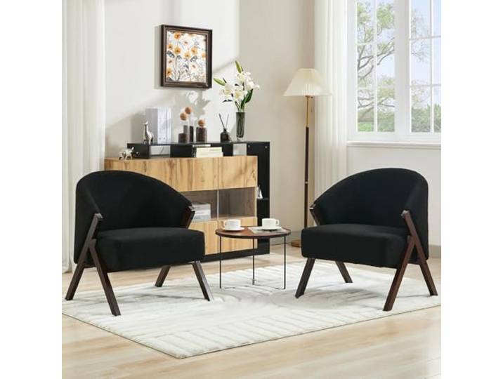 GarveeHome Mid-Century Wohnzimmersessel Mit Fellbezug Weicher Akzentstuhl Mit Walnussfüßen Und Holzrahmen Schwarz