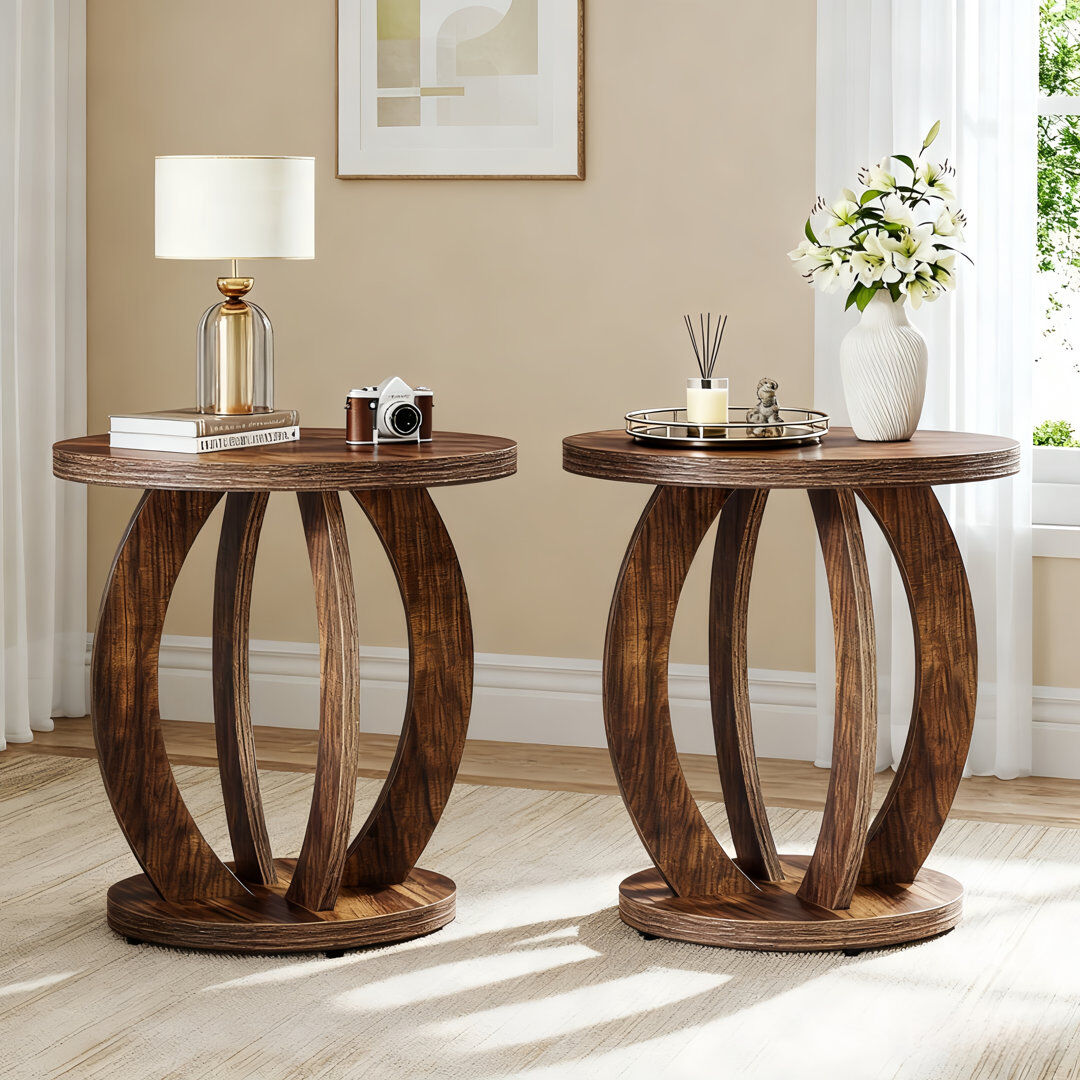 Blue Elephant Pedestal Round Side Table Set Rustic Brown 61.01cm H X 50.01cm W X 50cm D