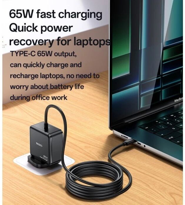 Yesido YC93 65W USB-C Laptop Charger Adapter Fast Charging with 2M Cable & UK Plug