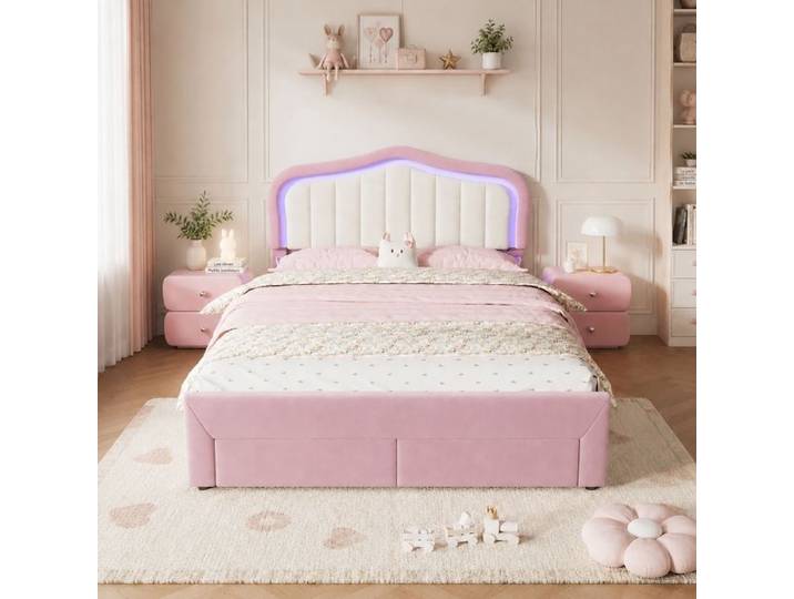 Norevia Lit enfant 140x200 cm rembourré rose avec éclairage LED sans matelas