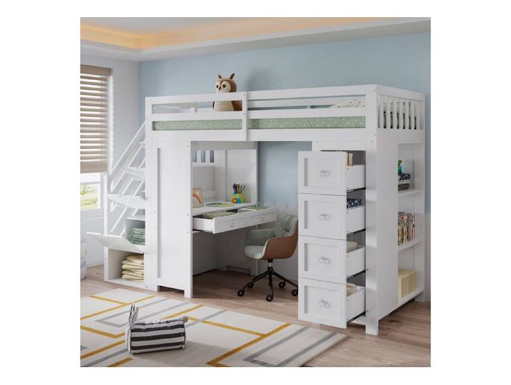 Flieks Hochbett Kinderbett 90x200cm mit Schreibtisch Schubladenschrank Stauraumtreppe