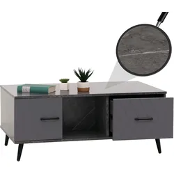 Couchtisch HWC-N89, Sofatisch, Schubladen Türen Fächer Fischgrätenmuster Melamin Holz, 42x103x60cm ~ Marmor-Optik grau