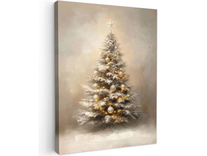 MuchoWow Leinwandbild - Weihnachten - Weihnachtsbaum - Schnee - Kunst - 60x80 - Gemälde, Champagner, Textil, Kiefer, Abstrakt, Rechteckig, 60x80 cm, gerahmt, Bilder & Rahmen, Bilder, Wandbilder