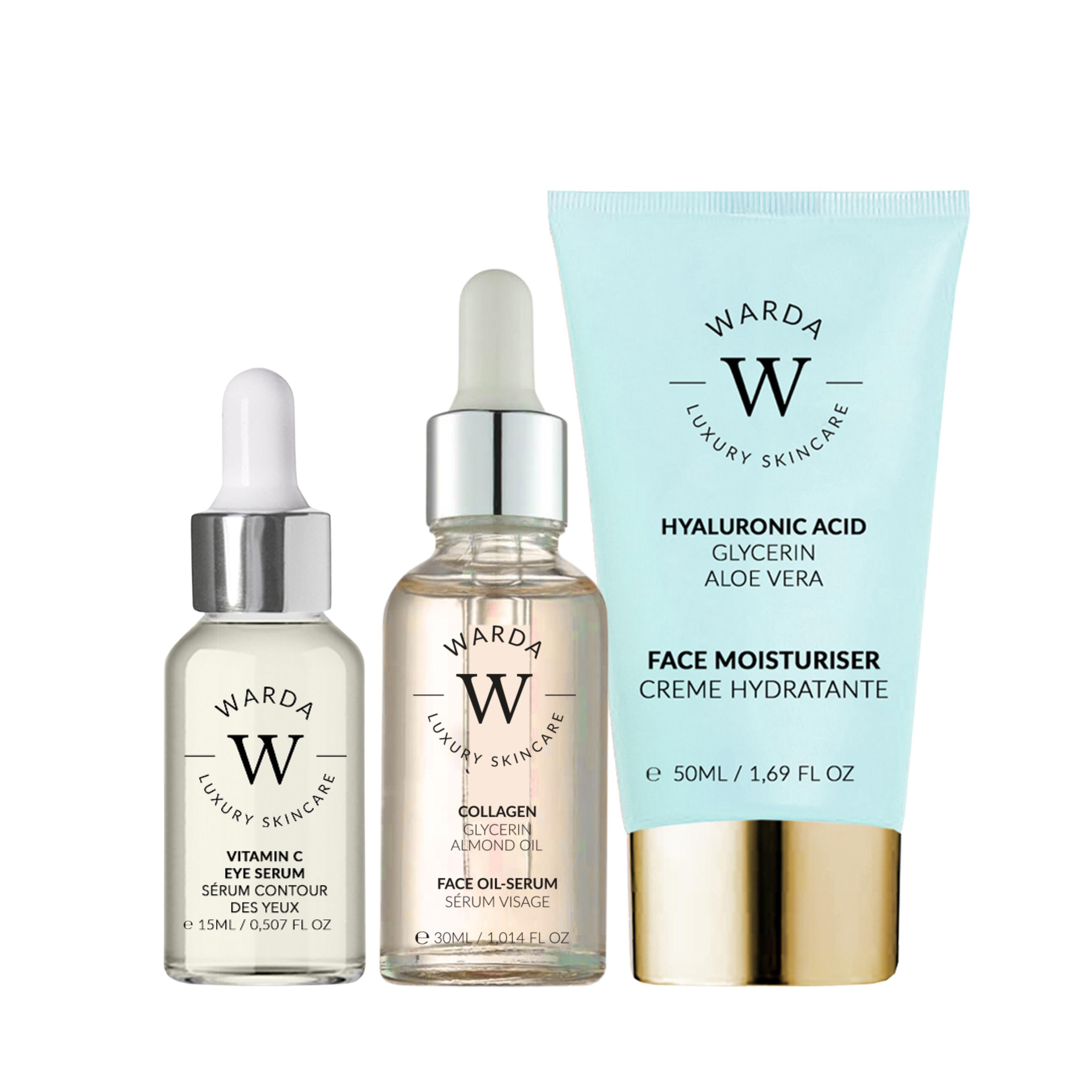 Hautstrahlungs-Boost Vitamin C Augenserum 15ml + Kollagen Hautstraffungs-Boost Ölserum 30ml + Hautfeuchtigkeits-Boost Hyaluronsäure Feuchtigkeitscreme 50ml