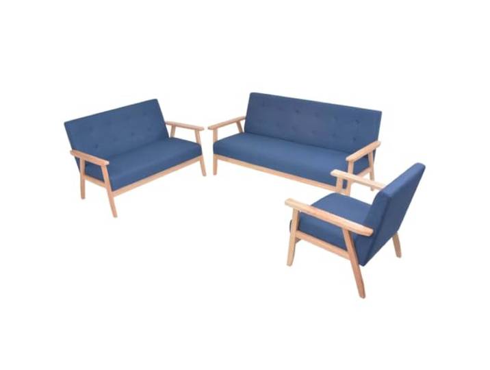 HEFZGDB Skandinavisches Sofa Set 3-TLG. Blau Stoff Bezug Massivholz Rahmen Polyester Polsterung Sessel 2-Sitzer 3-Sitzer Wohnzimmer Möbel Komfort Sitzgruppe