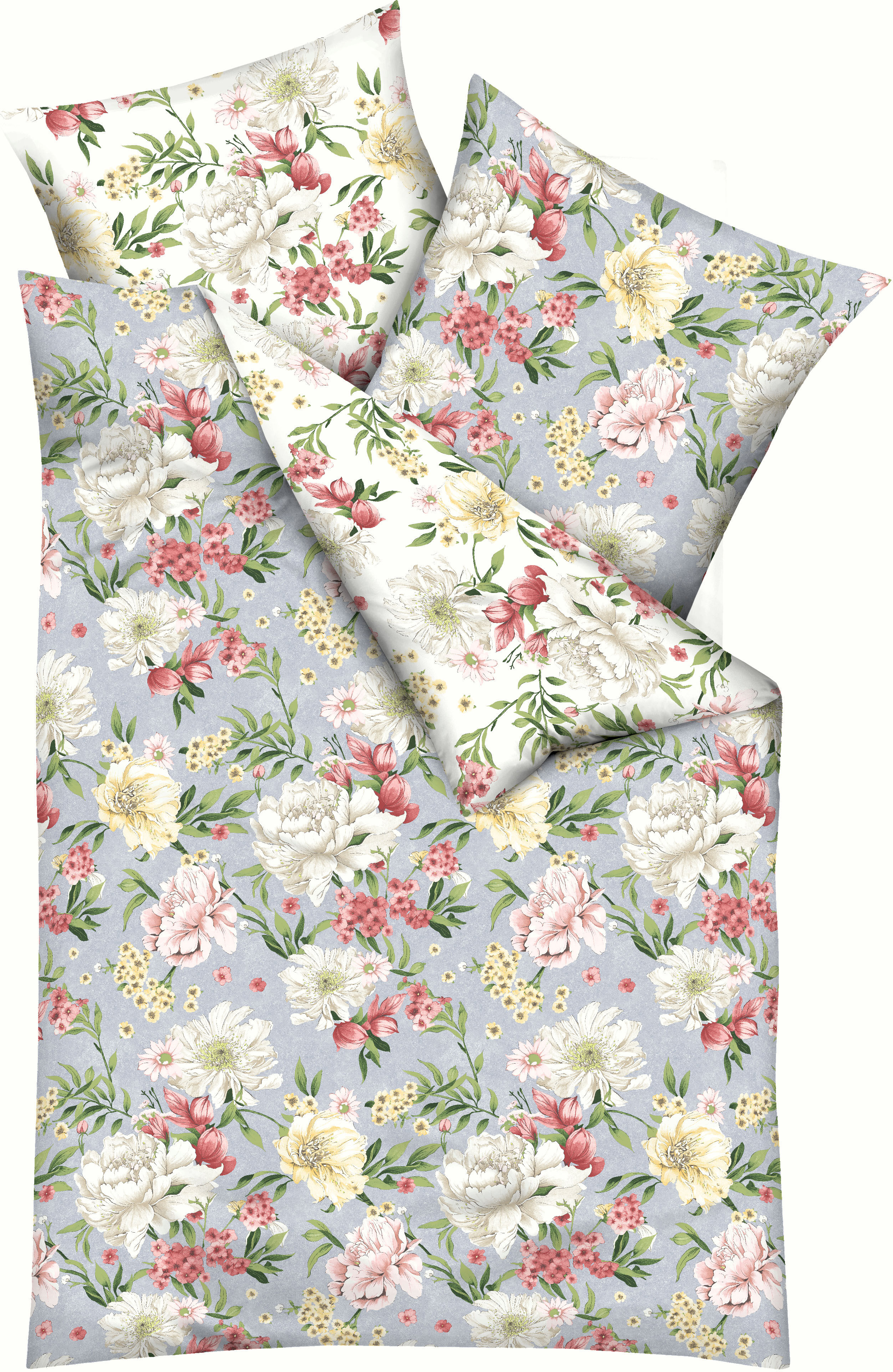 Wendebettwäsche KAEPPEL "Flirtation", grau (taube), B/L: 135cm x 200cm, 1 Stk., 1 Stk., Mako-Satin, B/L: 80cm x 80cm, 2 Stk., Mako-Satin, Obermaterial: 100% Baumwolle, Bettwäsche, Wendebettwäsche, Mit Blumen taube B/L: 135cm x 200cm, 1 Stk., 1 Stk., Mako-