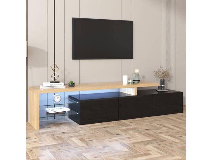 Armoire TV LED Noir Bois Élégante 3 Portes Haute Brillante Etagères en Verre Meuble TV Moderne Design Buffet Salon 198x39x42cm
