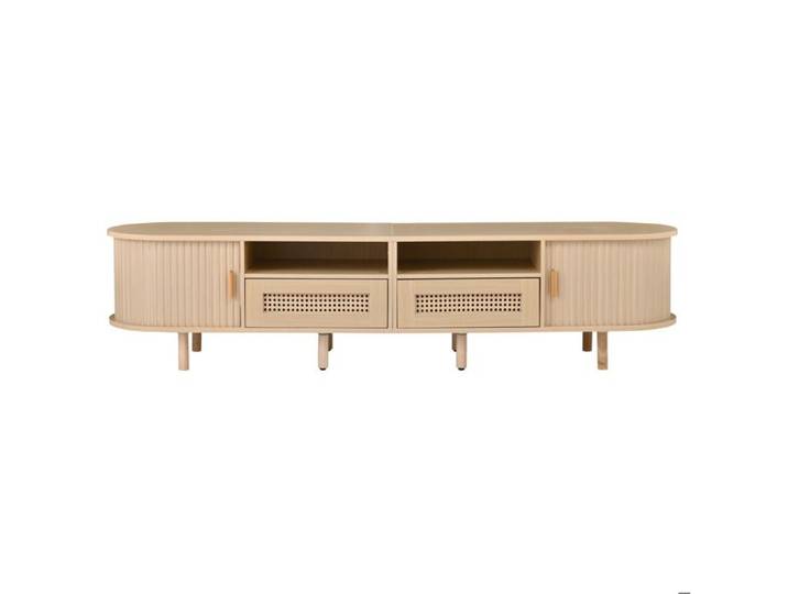 Meuble TV ovale 170 cm chêne clair – 2 portes coulissantes et 2 tiroirs effet rotin
