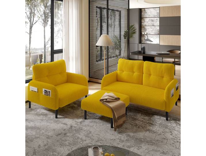 Ensemble - Ensemble Cord 3 pièces : fauteuil + repo haute qualité solution gain de place - Jaune - Pour Salon
