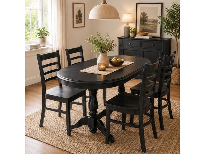 Esszimmer-Set schwarz 5-teilig Landhaus: 4 Stühle und 1 Tisch