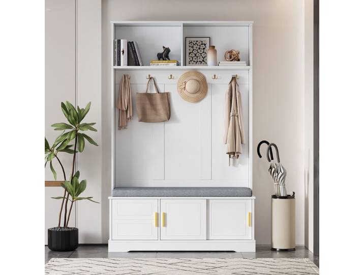 Ensemble de meubles d'entrée - Banc à chaussures - 6 crochets triples - Porte-manteau - 120x40x191 cm - Blanc - Moderne