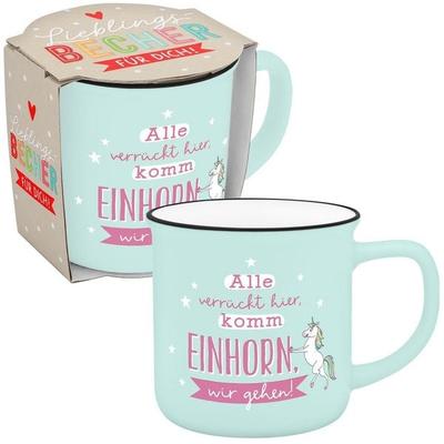 Becher in Emailloptik ' Alle verrückt hier, komm Einhorn wir gehen.