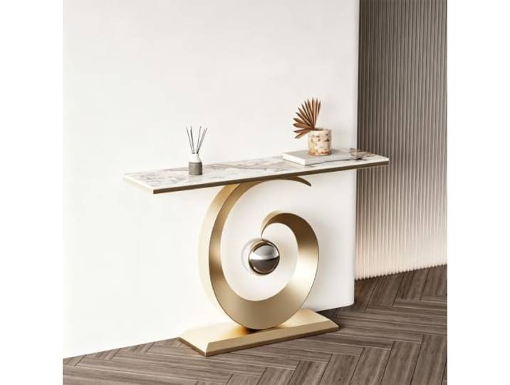 Moderner Konsolentisch, Sinterstein-Platte, Schmaler Flurtisch & Sofatisch Kratzfeste Sinterstein-Oberfläche, Robuster Metallrahmen, Schmales Design, Vielseitig(GoldB,150cmW*30cmD*80cmH)
