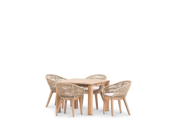 Set de table 100 x 100 et 4 chaises en bois et corde
