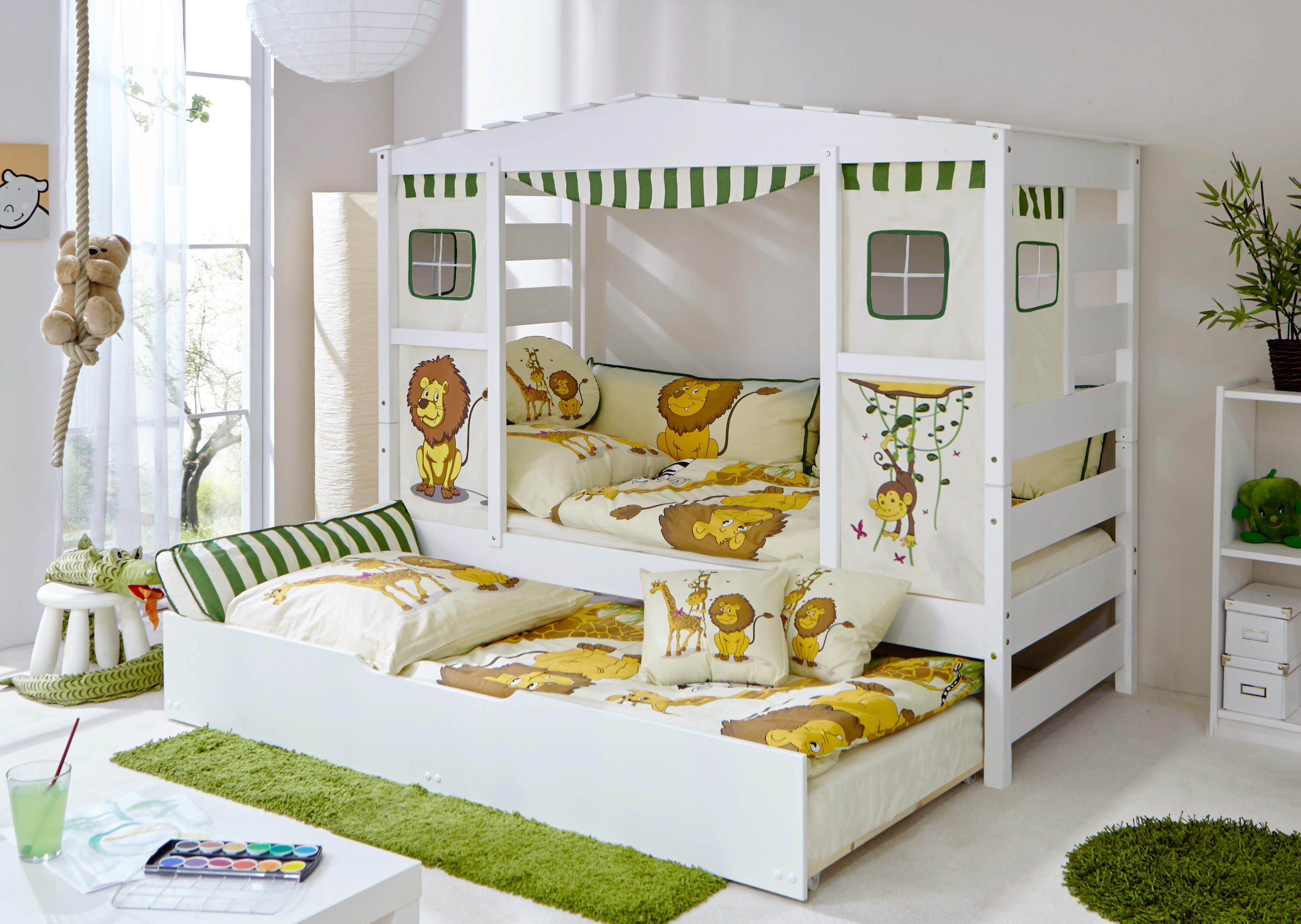 Hausbett Hochbett Spielbett Massivholz Kiefer Weiss Safari, Bettkasten:Marianne