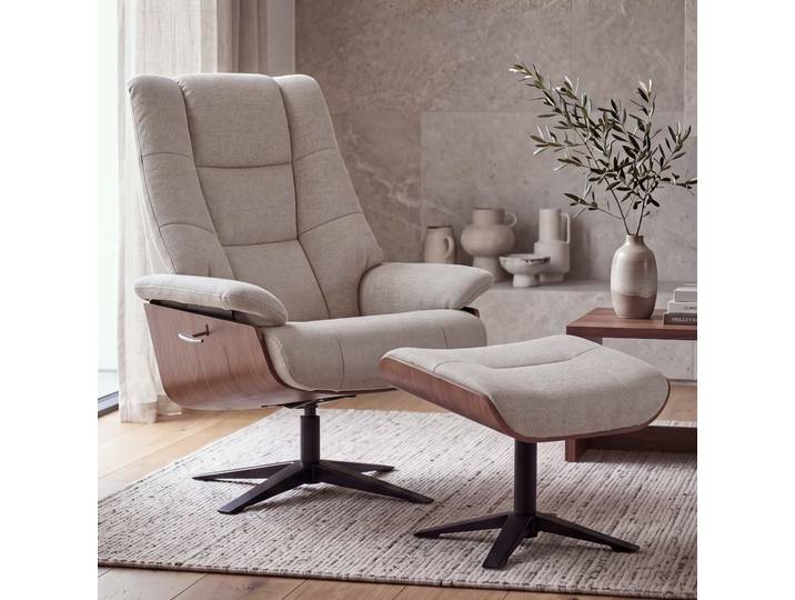 MCA Relaxsessel + Hocker HWC-N57, Fernsehsessel Liegesessel, Bouclé Stoff Holz braun