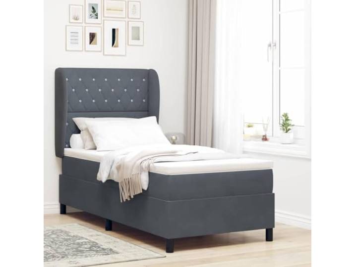 Polyester Kiefernholz minimalistische Boxspring Schlafzimmer modern Grau Boxspringbett mit Matratze Dunkelgrau 190 x 90 cm Polyester Bett mit Kopfteil verstellbar Taschenfederkern Lattenrost