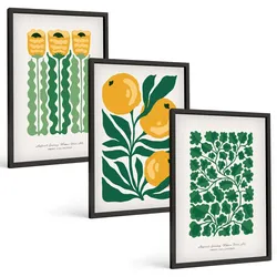 BILDER SET 3er Set - 40x60 cm Schwarzer Rahmen - Pflanzenmuster Blüten Blätter