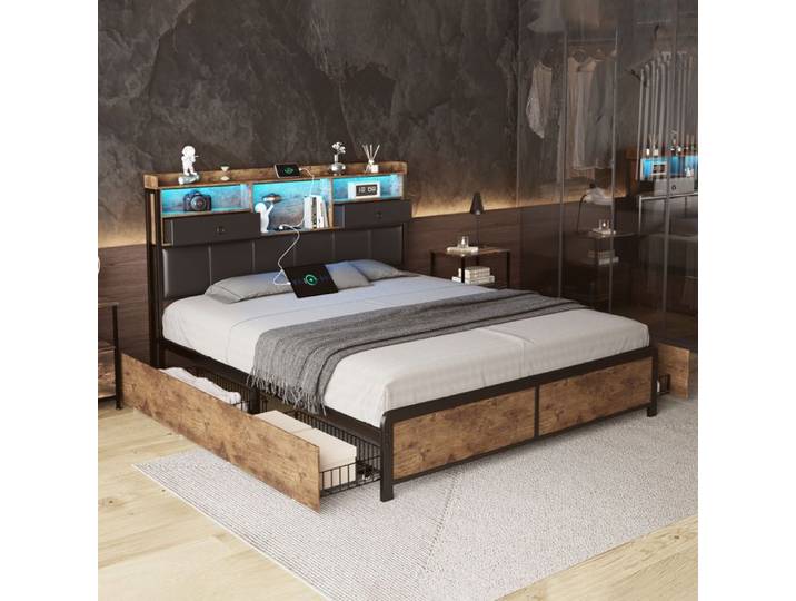 Lit double - Industriel 140x200 cm - Métal - 6 Tiroirs - Tête de lit avec LED