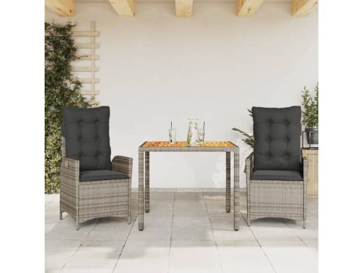 LPERTGFHU 3-TLG. Garten-Essgruppe, Poly Rattan Tisch & 2 Stühle Grau Akazienholz-Tischplatte, Verstellbare Rückenlehne, Bequeme Sitzkissen