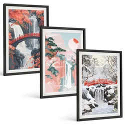 BILDER SET 3er Set - 40x60 cm Schwarzer Rahmen - Wasserfälle der Jahreszeiten