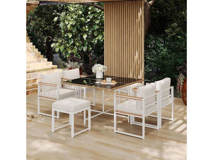 Salon de jardin Ensemble de 7 pièces - comprenant une table et des chaises d'extérieur pour 6 personnes Beige