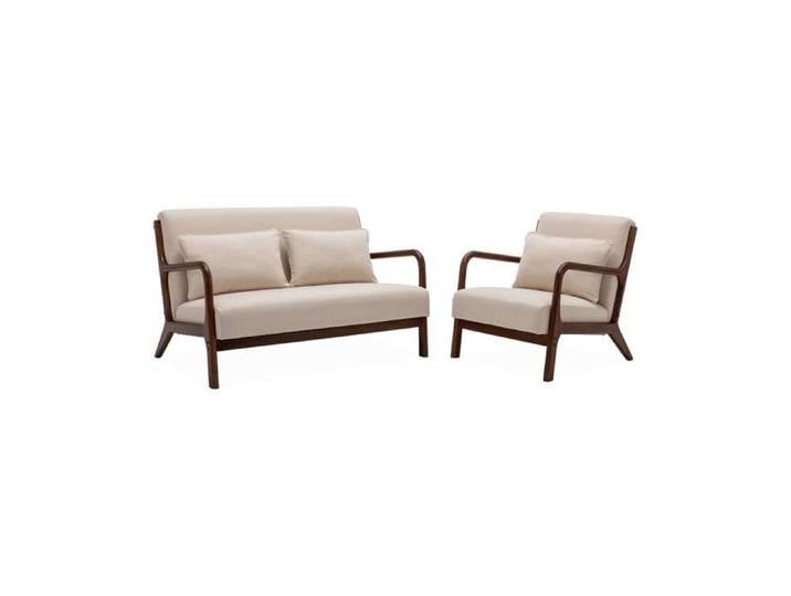 sweeek - Banquette 2 places + Fauteuil bois d'hévéa teinté noyer clair et tissu LORENS