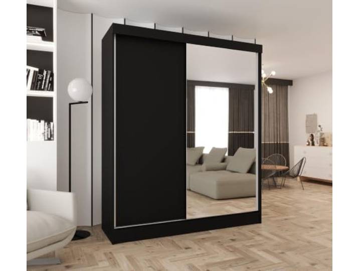 Kleiderschrank mit Spiegel und Schiebetüren Schwarz 120x205 cm 2 Kleiderstangen, Ohne Schubladen, MDF Platte, Inklusive Montageset, Mit Einlegeböden, Viel Stauraum, Praktische Aufteilung