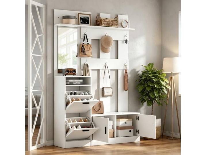 Vestiaire d'entrée multifonction blanc porte-manteau miroir meuble à chaussures pour couloir 120x30x180 cm