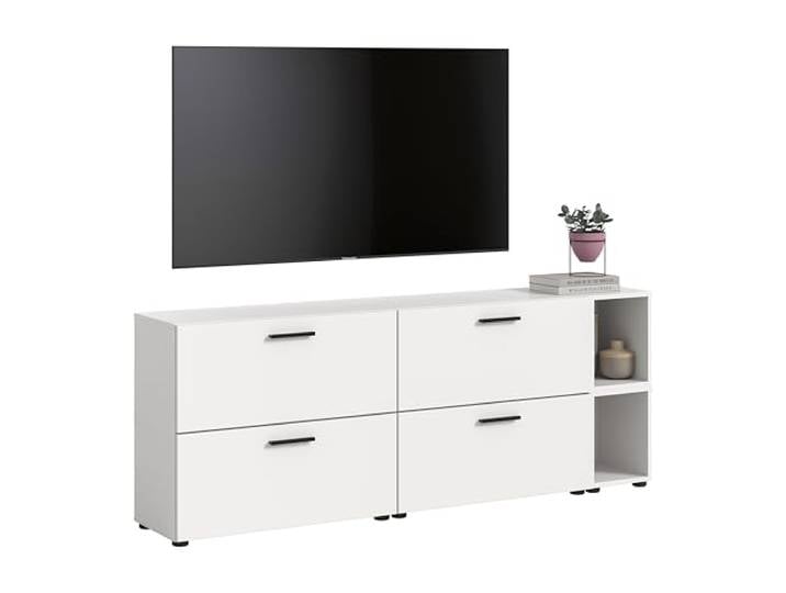 xonox.home – Wohnkombination The One 176x67x34 cm in Weiß Nachbildung – Flache Wohnwand mit 4 Klappen – 10 Fächer inklusive 2 offener Bereiche optimieren die Raumnutzung & bieten modernes Flair
