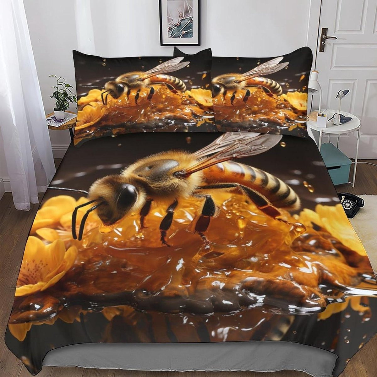 Dekbedovertrek Set met 3D Honingbij Thema - Geel - King 220 x 240 cm